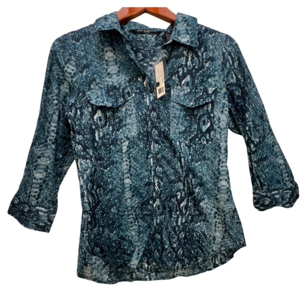 Zac & Rachel Petite Blue Snakeskin Print Button-Up Blouse PM 100% Cotton, NWT